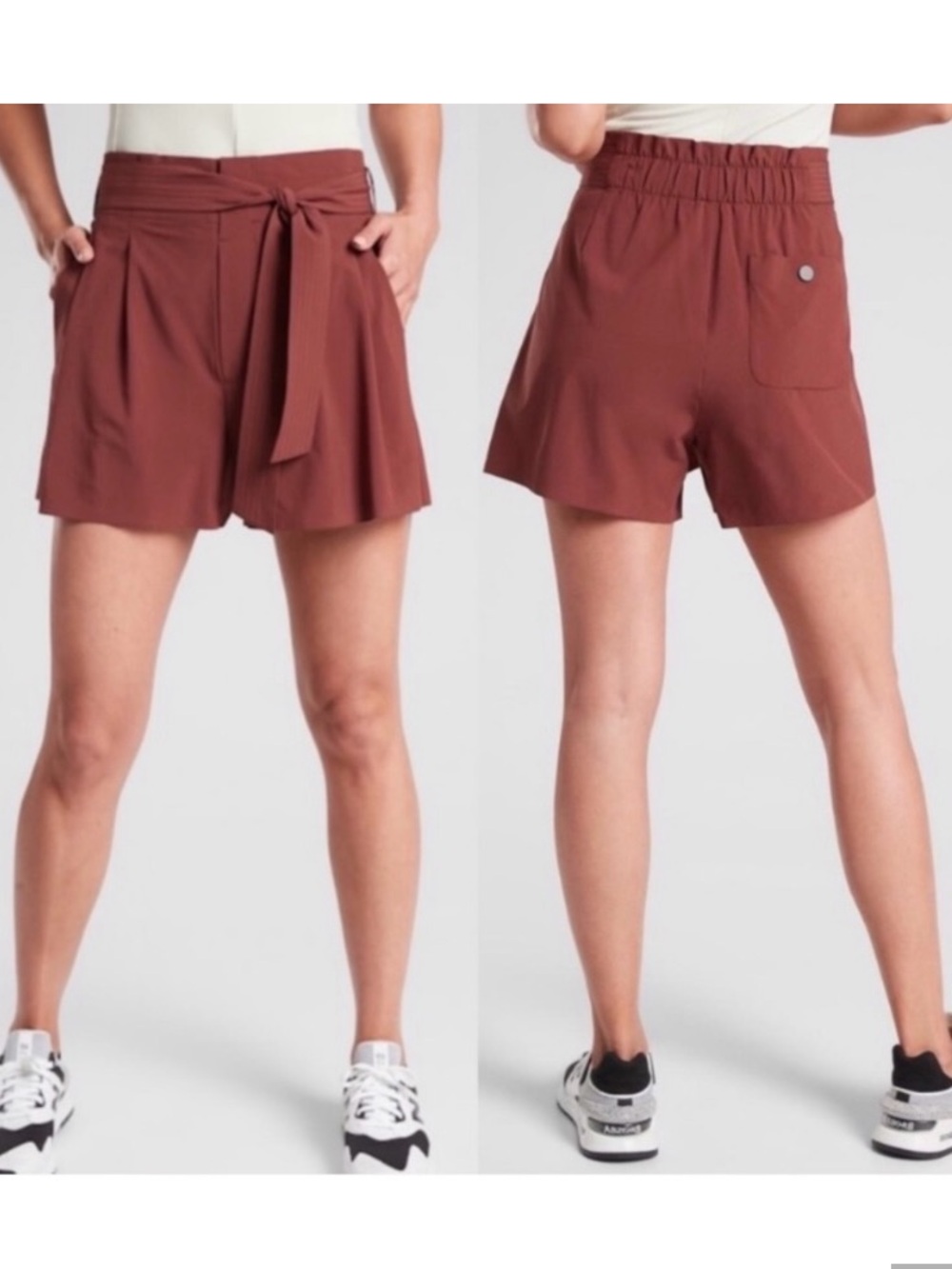 Athleta Skyline Short ll Hero Sz 10 Paperbag Waist Cognac Brown Rust 6 Pockets